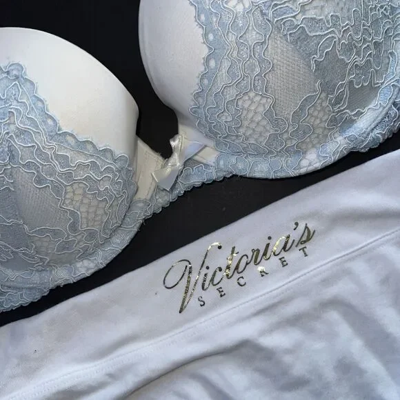 Victoria's Secret 32C BRA SET S BRAZILIAN panty WHITE BLUE BRIDAL DREAM ANGELS Bras